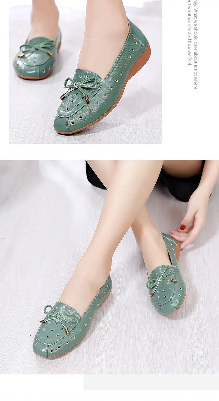 2022 Summer Mom Cowhide Leather Moccasins Woman Slip On Wedges Shoes Designer Breathable Hollow Out Bowtie Ballet Flats