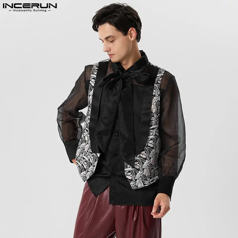 

Men Vests Printing Patchwork Deep V Neck Sleeveless Button Casual Waistcoats Men Streetwear 2023 Fashion Tank Tops S-5XL INCERUN