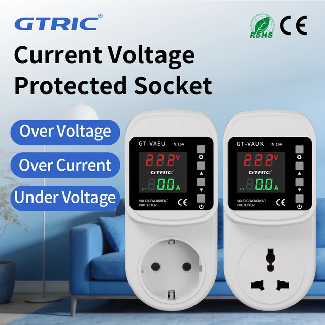 GTRIC Over Under Voltage Protector EU/UK Plug 16A 220V AC Self-Resetting Over Under Voltage Adjustable Current Protection Socket 1