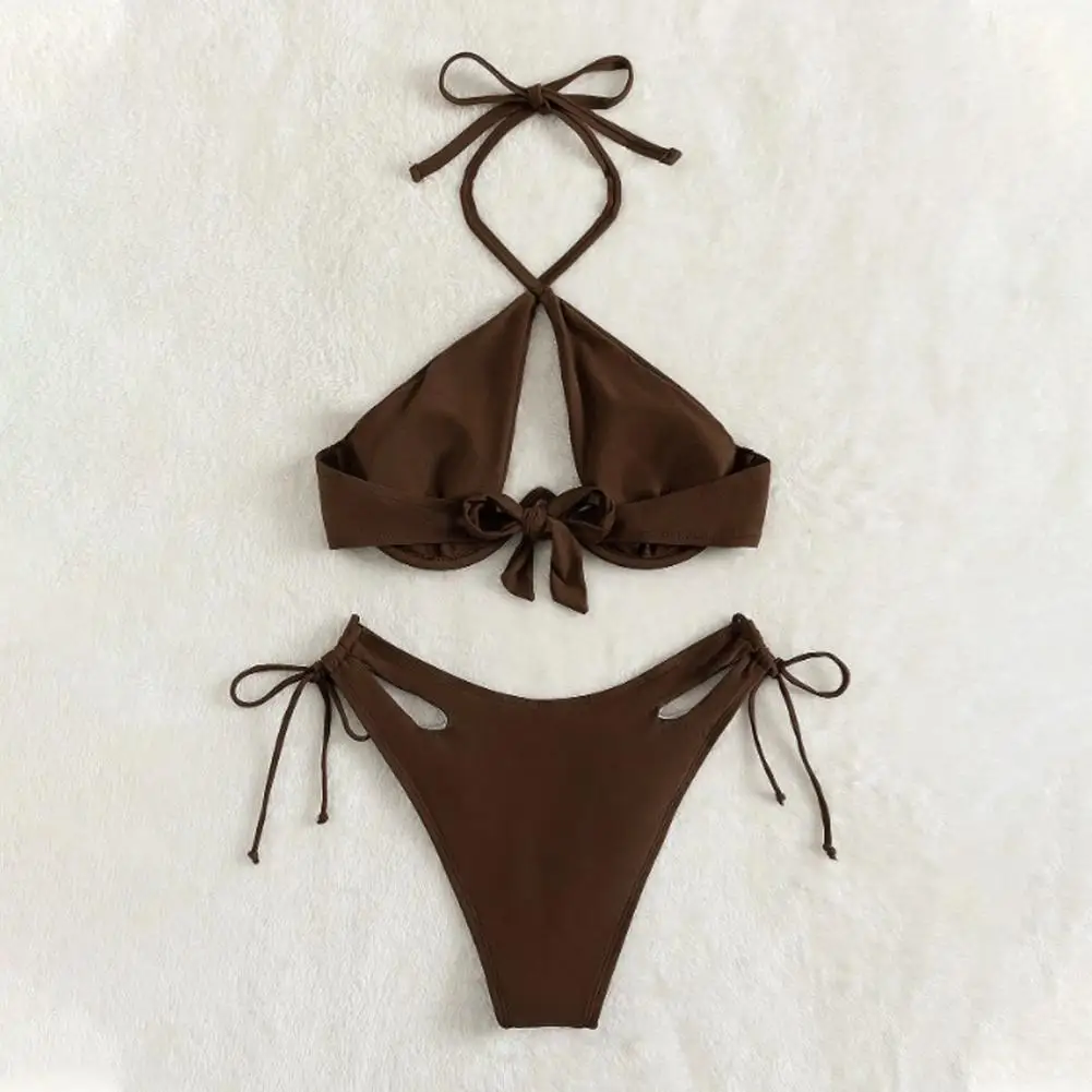 

Купальник с вырезами, пикантный комплект бикини, женский летний комплект бикини с бюстгальтером «халтер», трусы с высокой талией на шнуровке, однотонные для быстрого ношения