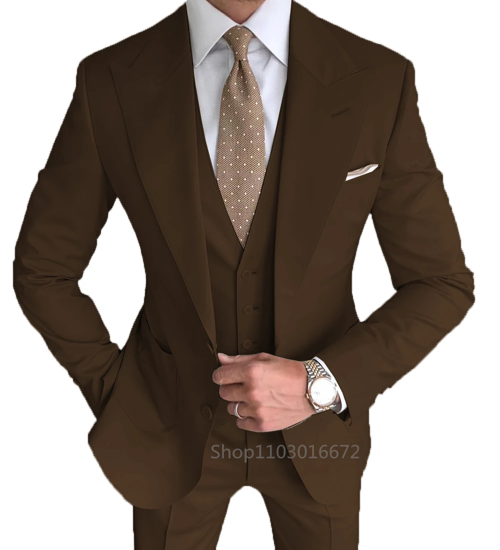 High Quality Formal Solid Wedidng Suits For Men Fashion Slim Fit Peak Lapel Blazer Vest Pants Wedding/Business Groom Tuxedos