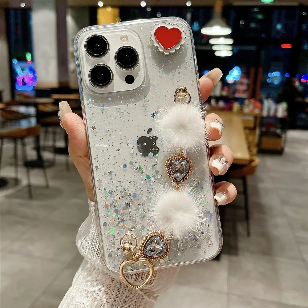 Redmi 13C Case Glitter Love Heart Plush Bracelet Phone Case For