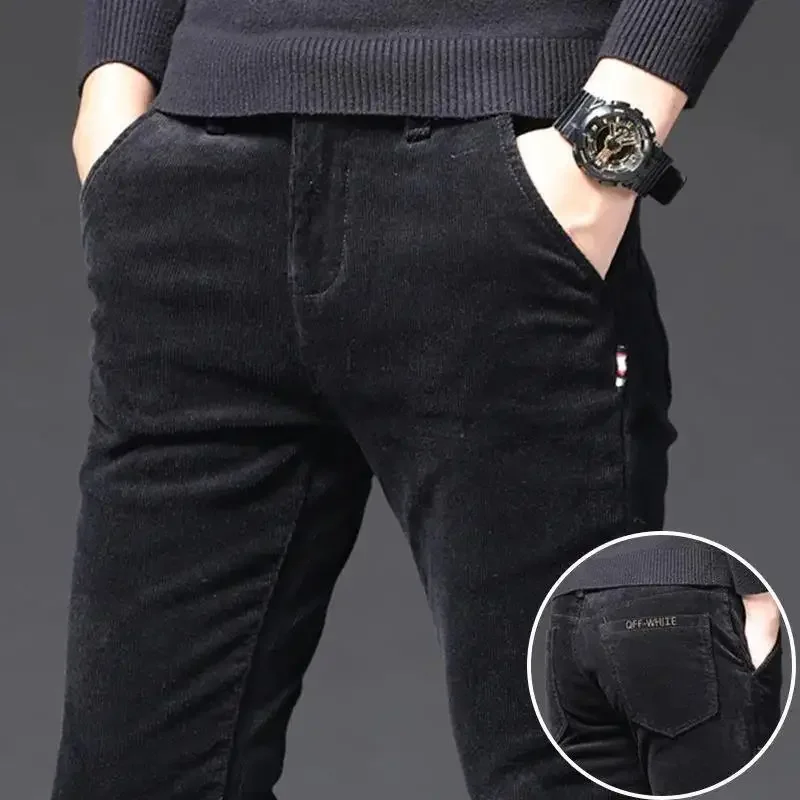 Fashion Fleece Keep Heat Warmth Men's Straight Leg Corduroy Pants Thicken Plus Velvet Casual Trousers Autumn Winter Solid Pants 5