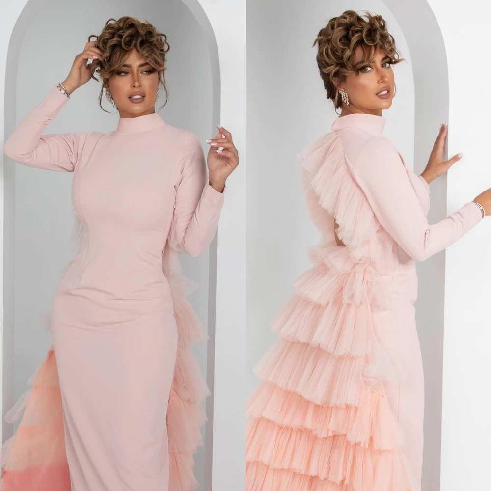 Jiayigong  Jersey Tiered Ruched Party A-line High Collar Bespoke Occasion Gown Midi Dresses