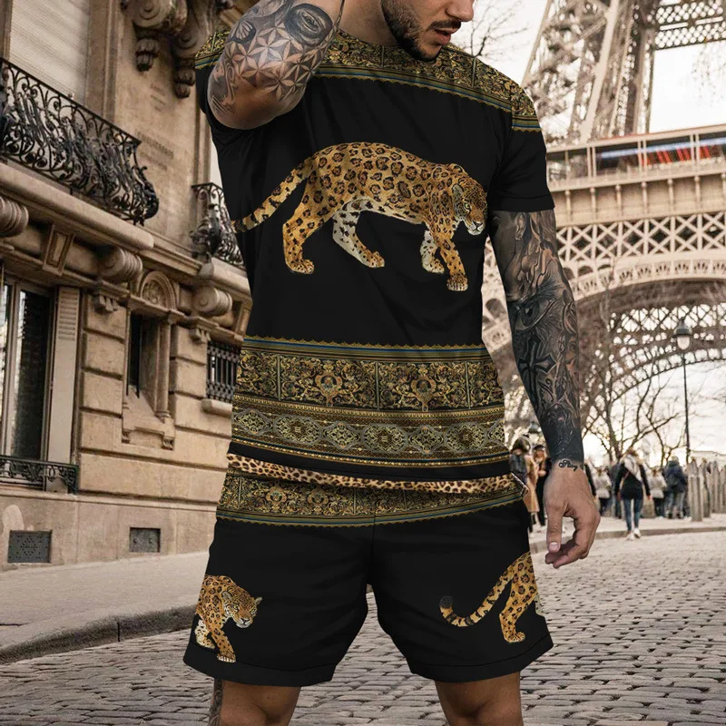 Animal Leopard Pattern 3D Printed Oversized T-shirt Shorts Set Fashion Short Sleeve Suit Plus Size Comfortable O-Neck Sports