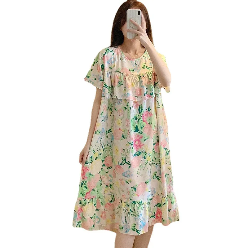 Thin Cotton Silk Nightgown Round Neck Pajamas Loose Home Clothes Print Sleepwear Short Sleeve Dress in Summer Women's Clothing
