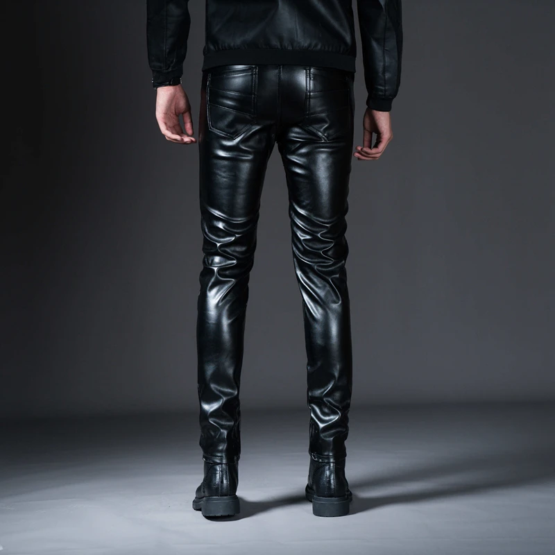 New Winter Mens Skinny Biker Leather Pants Fashion Faux Leather