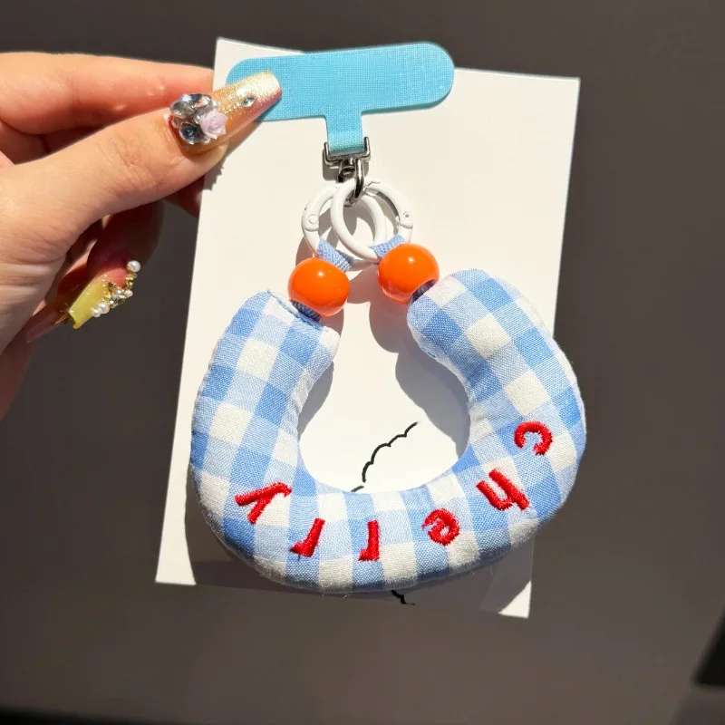 Cotton-Filled Embroidered Grid Fabric Mobile Phone Lanyard - Handheld, Anti-Loss, and Portable Accessory