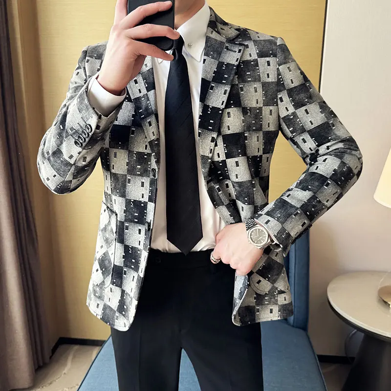 Korean Jacquard Denim Jacket Men Autumn Winter Casual Business Men Blazers Slim Fit Wedding Social Dress Coat Clothing