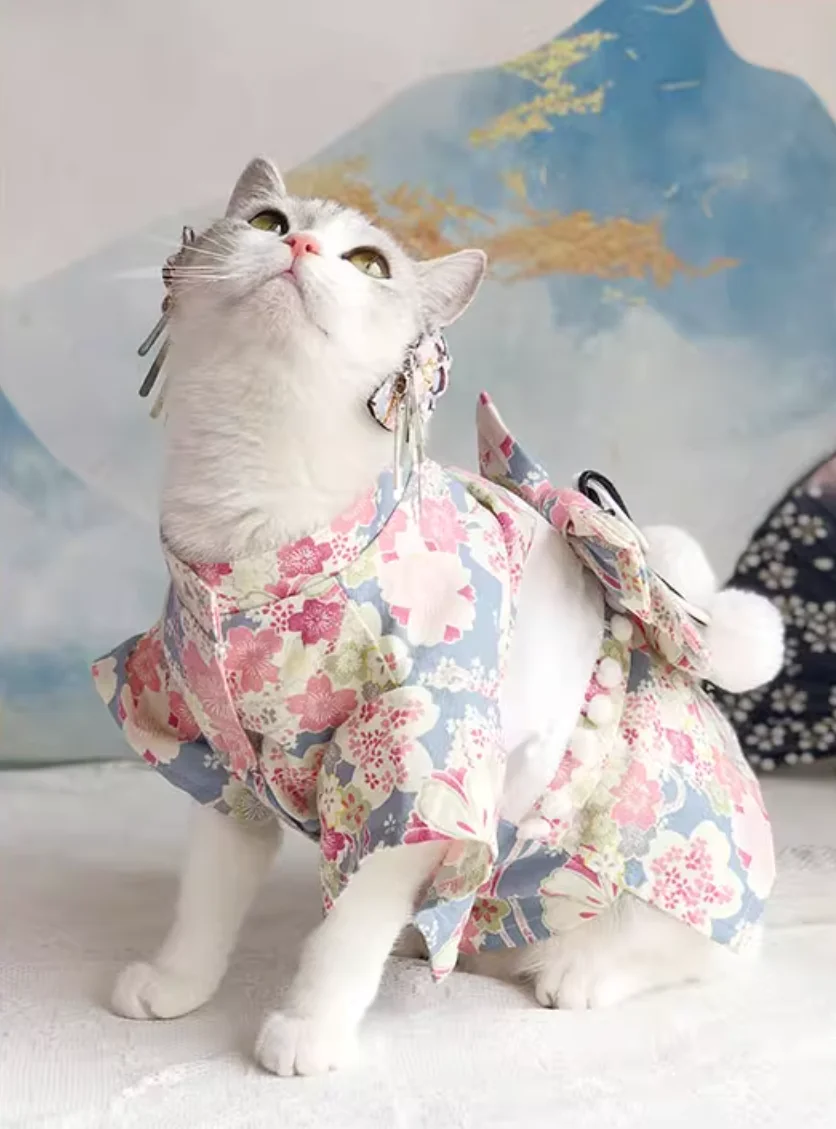 Japanese Style Thin Cat and Dog Coat, Pet Clothes for Cats and Dogs, Cute Print with Bow-knot Kitten Sphynx Clothing Outfit
