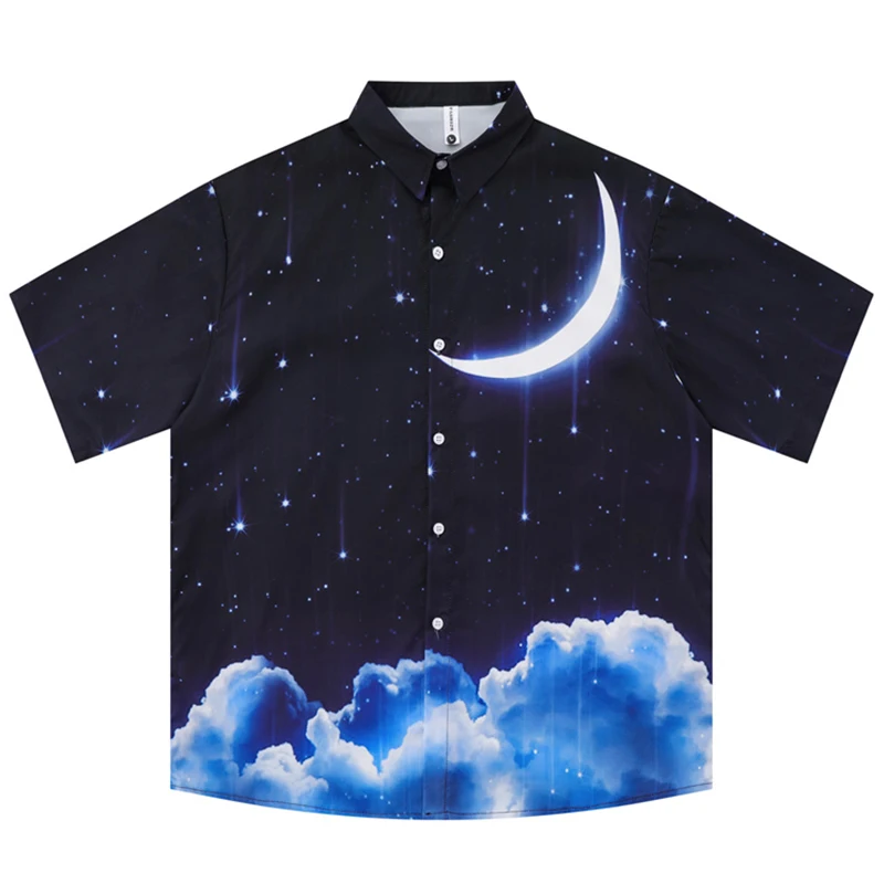 

Dark Icon Full Star Moon Accompanying Hip Hop Printed Shirt for Men's Summer Punk Style Loose Casual Short Leeved Shirt