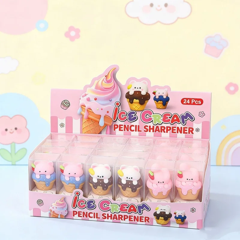 24 pc/LOT KAWAII 고양이 토끼 곰 아이스크림 연필 깎기 귀여운 손 기계 커터 칼 문방구 선물 학용품