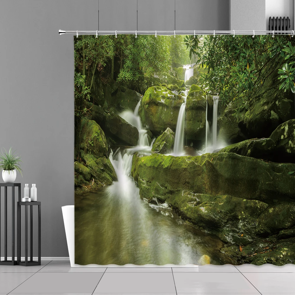 

3D Scenery Shower Curtain Sunshine Mountain View Forest Waterfall Green Natural Landscape Bath Curtains Screen Bathroom Decor