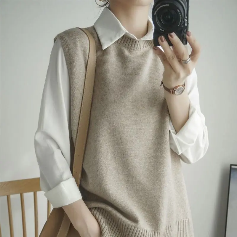 

Women Sweater Vests Solid O-neck Side-slit Knitted Fashion Simple All-match Elegant Tender Loose Casual Female Retro Warm Cozy