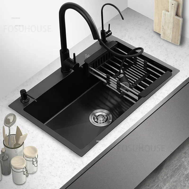 Stainless Steel Kitchen Sinks Black Nano Large Single-slot Wash Basin Under Countertop Thicken Washing Sink Kitchen Accessories 2