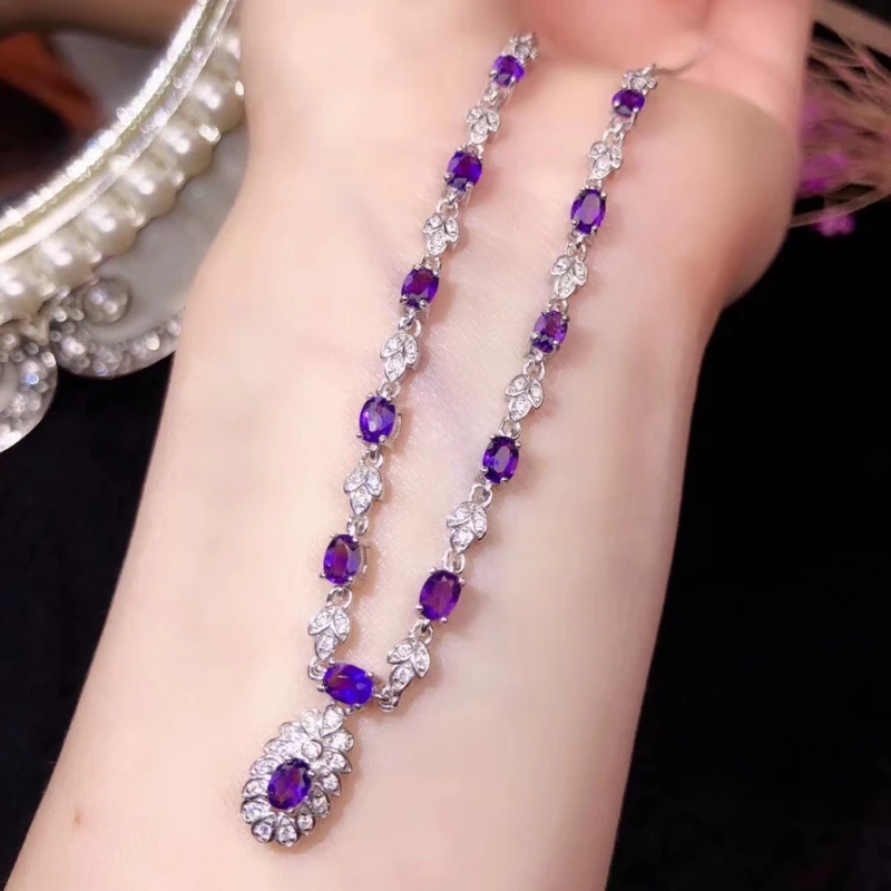 

Boutique Jewelry 925 Sterling Silver Inlaid Natural Amethyst Gemstone Female Luxury Necklace Support Detection