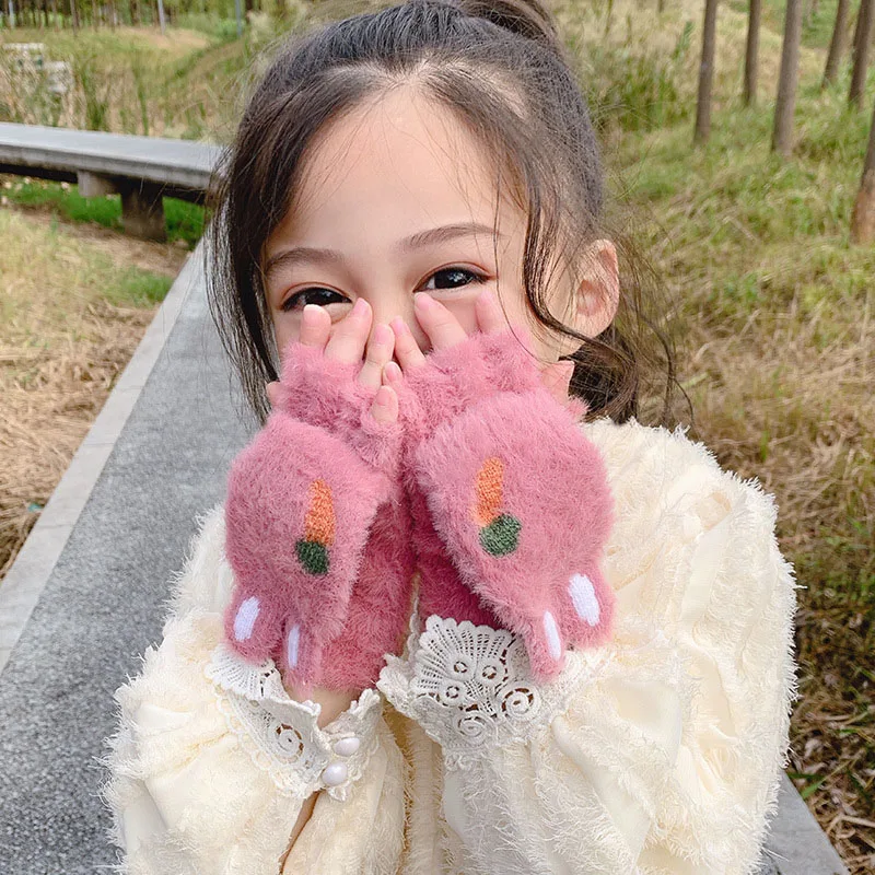 Winter Baby Plush Gloves Cute Cartoon Warm Toddler Half Finger Gloves Outdoor Thicken Kids Girls Boys Mittens