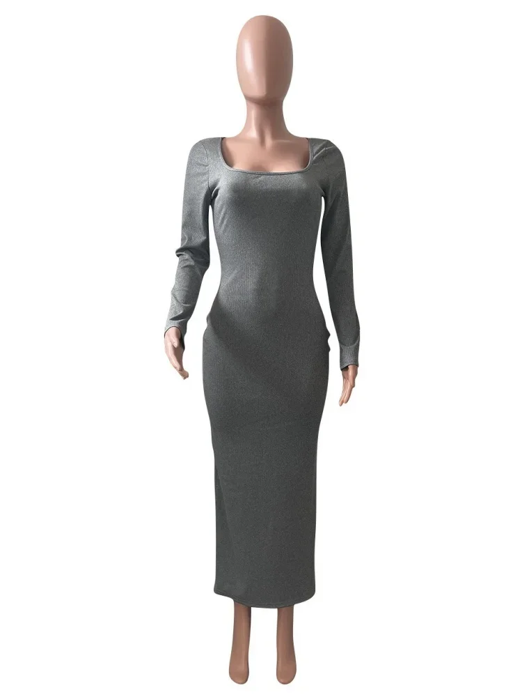 Wmstar Dress Women Autumn New Solid Color Fashionable Slim Fit U-neck Long Sleeved Ribbed Pit Stripe Dresses Dropshipping 2024