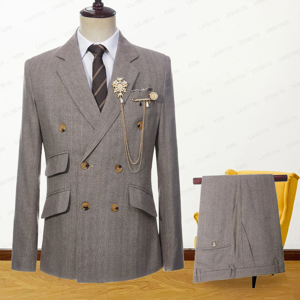 2023 New Summer Men's Khaki Linen Suits Vertical Stripe Double Breasted