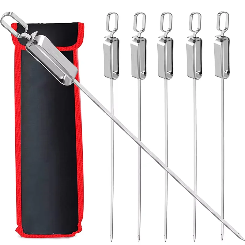 6Pcs Kabob Skewers for Grilling Stainless Steel Flat BBQ Skewers with Quick Release Metal Sliding Handle YY085
