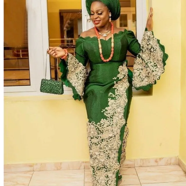 Tejiri Long Flare Sleeve Applique Long Dress