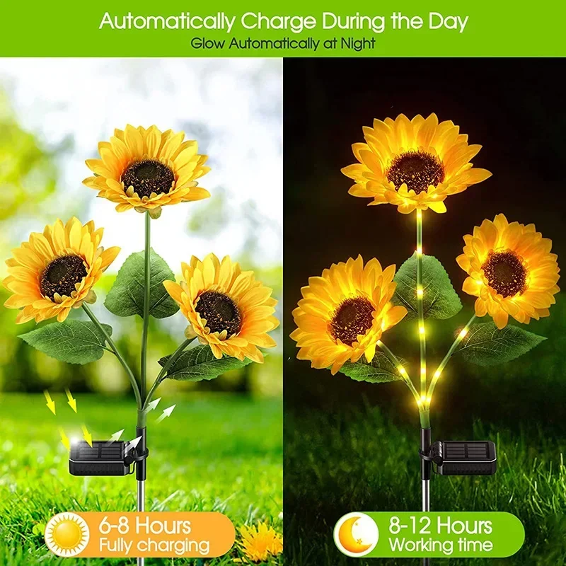 1/3 Head Solar Sunflower Lawn Lamp Garden Fairy Lights Outdoor Wedding Decorations LED Landscape Lights for Patio Garden Yard