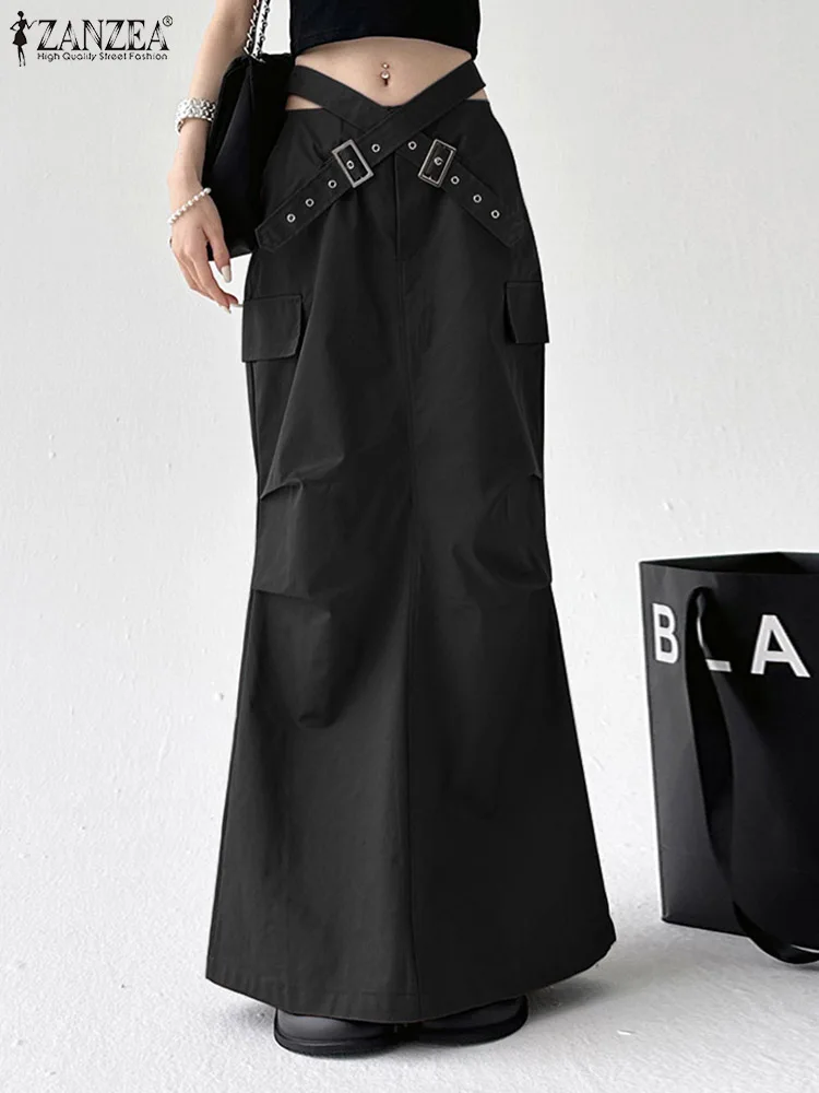 

ZANZEA Women Wrapped Maxi Skirt Y2K Cargo Skirts 2023 Autumn Cross Belted Faldas Holiday Solid Fashion Multi-Pocket Special Jupe