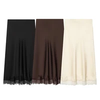 Women's Skirts Fashion Lace Decoration Satin Midi Skirt Vintage Women High Waist Long Skirts