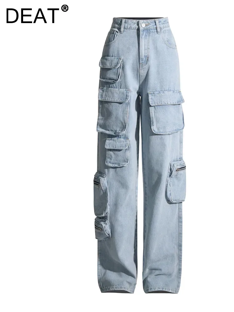 

DEAT Women's Denim Pants Asymmetric Multiple Pockets Zippers Deign Light Blue Straight Jeans 2024 Spring new Fashion 17A5578