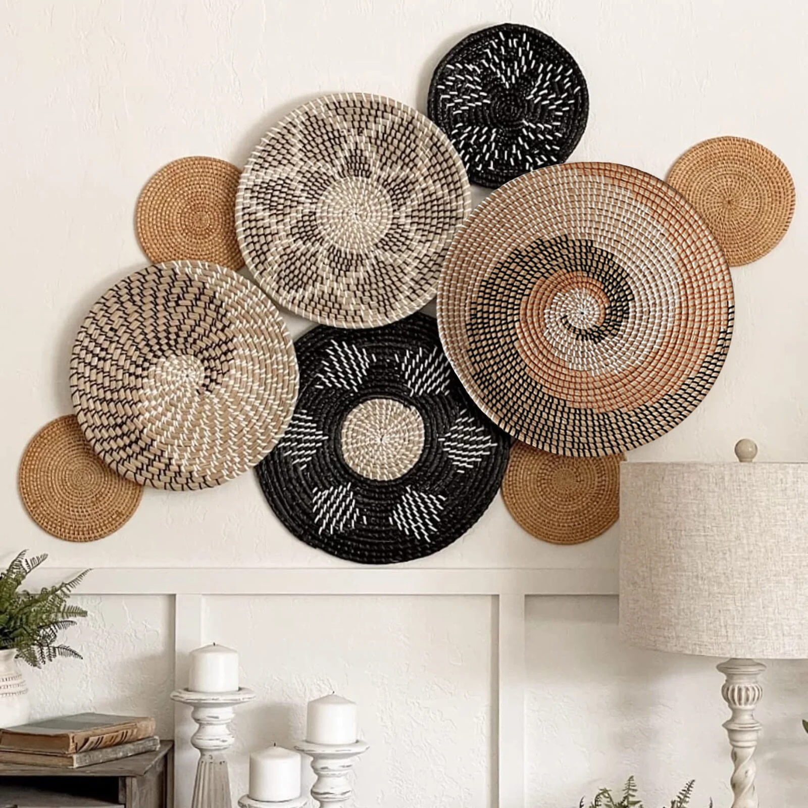 9PCS Boho Wall Decor Rattan Wall Decor Wicker Wall Decoration Hanging Wall Basket Wicker Wall Tray for Living Room 4
