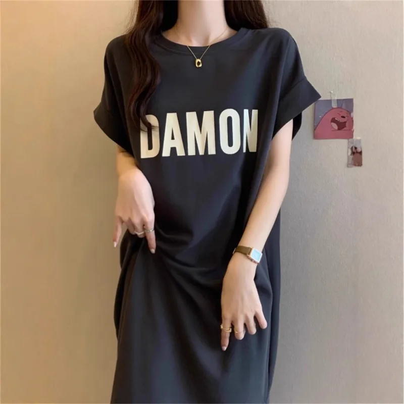 Women's Loose Letter Print T-Shirt Dress Summer Casual Short Sleeve Midi Dress Oversized Streetwear Female Long Dress 3