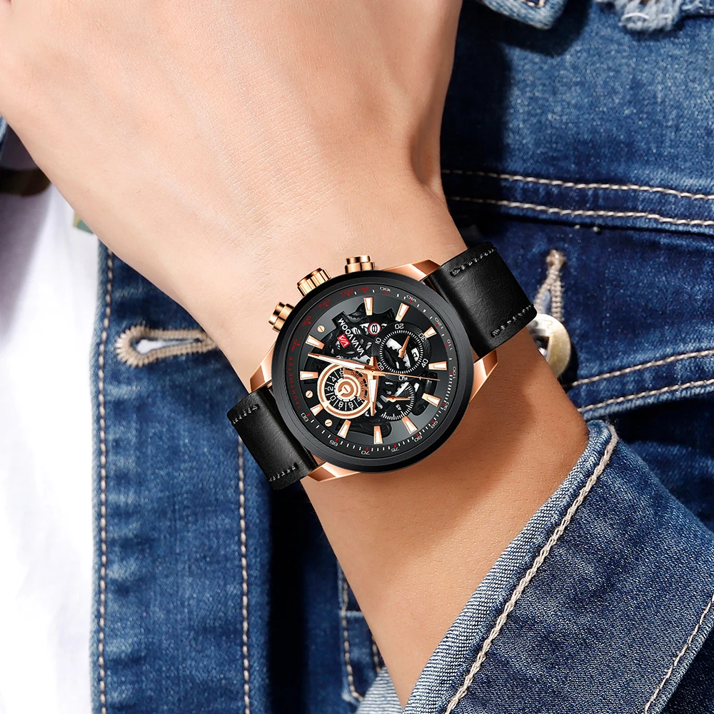 Brand Men Leather Watch Fashion Industrial Gear Clock 45mm Gold Quartz Movement Waterproof Man Military Sports Watch_voghion.com