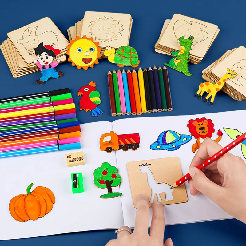 5-20pcs Montessori Kids Drawing Toys Wooden DIY Painting Stencils Template Craft Toys Puzzle Educational for Children Gifts