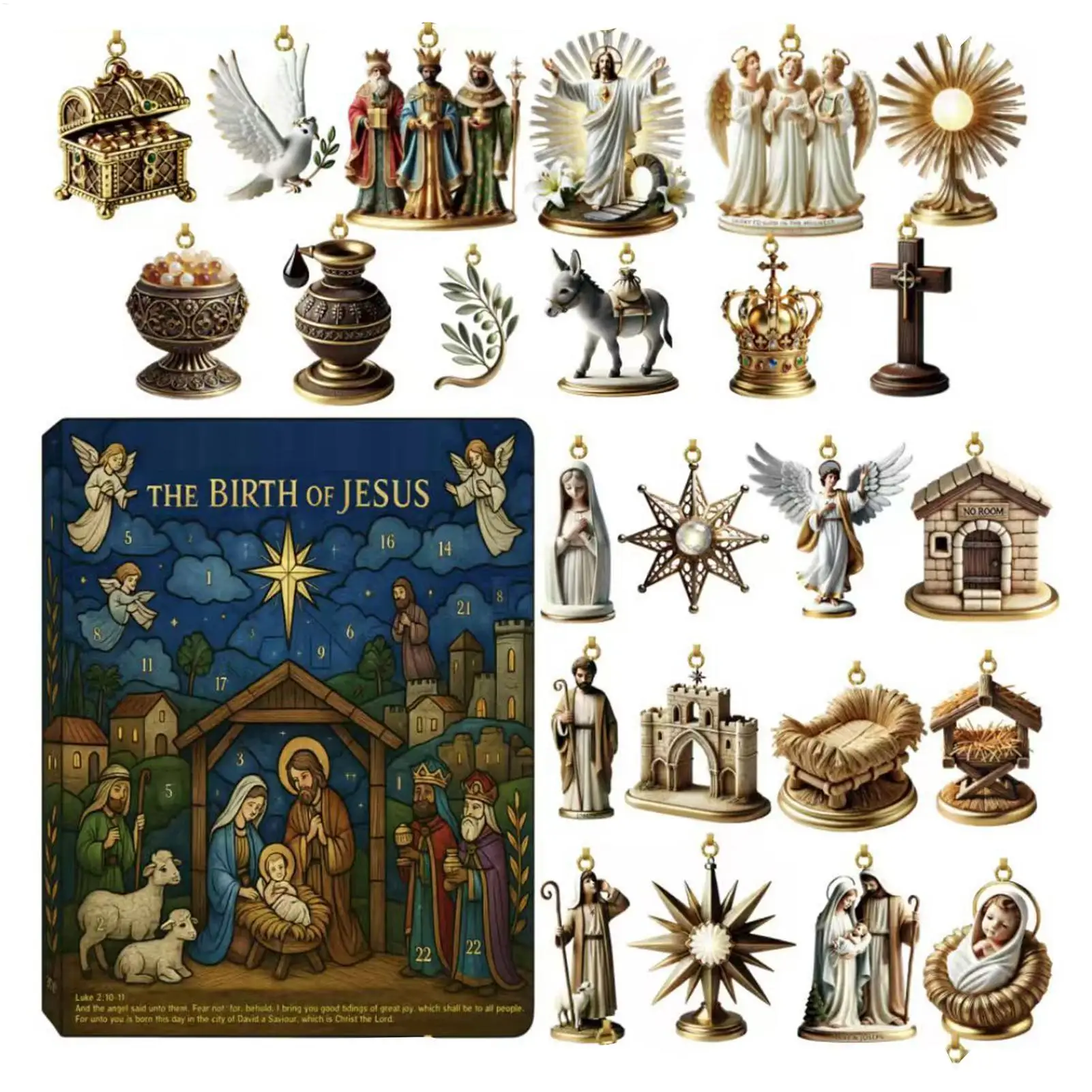 Christmas pendant Advent calendar 24-Pendant Nativity of Jesus Countdown Calendar Nativity Figurine Set, Nativity Playset