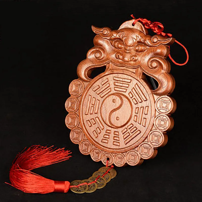 Monster Head Chinese Feng Shui Peach Wood Carving Ornament, Home Living Room Decor