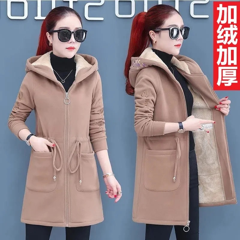 

Plus Velvet Thicken Lamb Plush Coat Female 2024 New Autumn And Winter Parka Lace-Up Of Hooded Loose Long Trench Coat Embroid LA