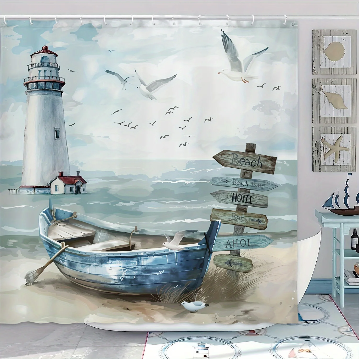 Nautical Coastal Shower Curtain, Ocean Lighthouse & Sailboat Design, Blue Teal Decor with Hooks, Bathroom & Window Use 4