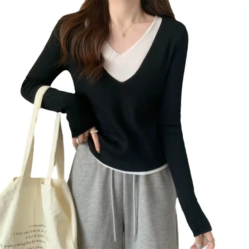 Women Knitted V Neck Long Sleeve Slim Sweater