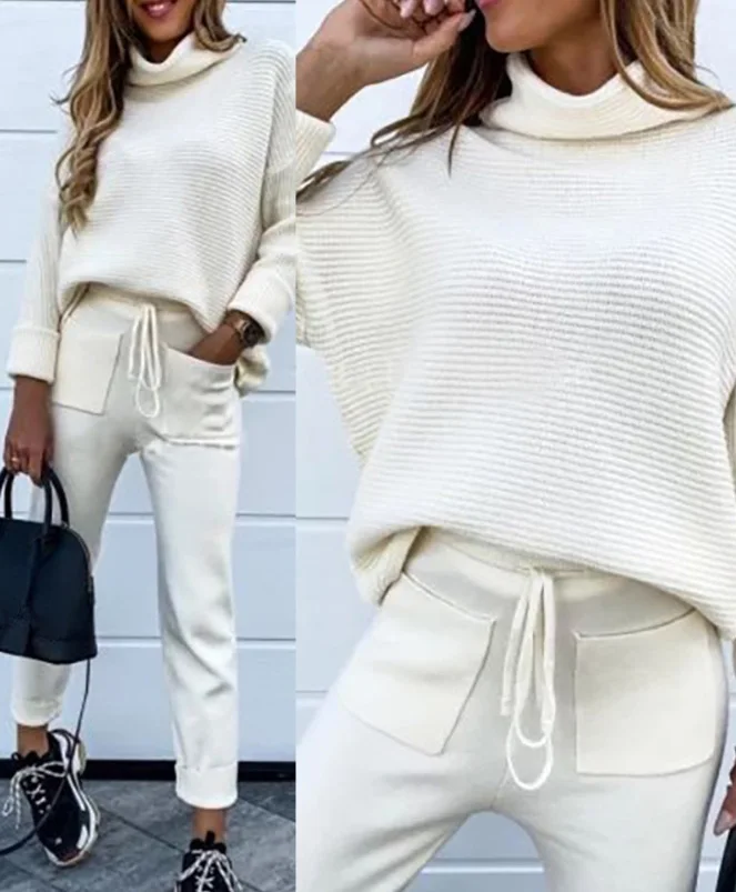 

Casual Two Piece Set Women Outfit 2023 New Turtleneck Long Sleeve Knit Top & Drawstring Pants Set Fashion Autumn Women's Suits