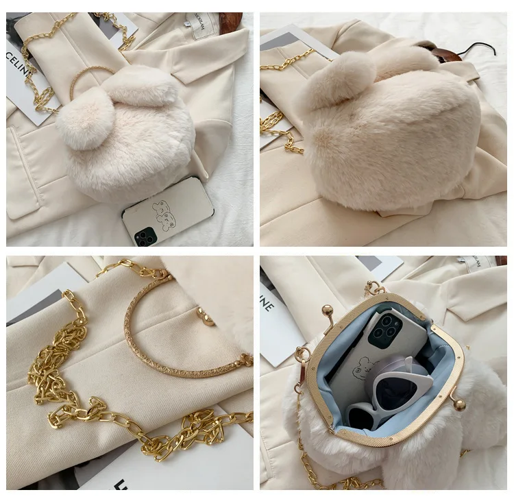 2022 Autumn Winter New Korean Style Women Portable Plush Bags Chain Lovely Rabbit Plush Shoulder Diagonal Bag All-match