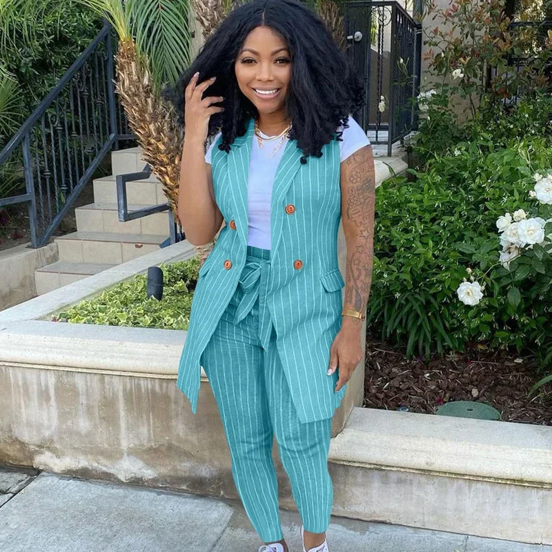 

KEXU Fashion Striped Women's Set Elegant Sleeveless Blazer Tops and Long Paants Suit Two 2 Piece Set Office Lady Female Outfit