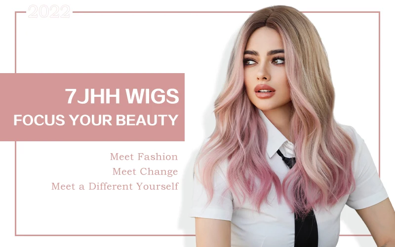 7JHH WIGS Ombre Blond To Pink Long Wavy Blonde Wigs for Women Daily Cosplay Hot Love Synthetic Hair Lolita Wigs Heat Resistant