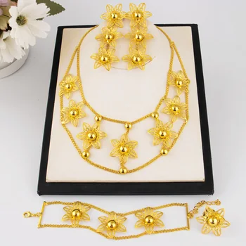 France Luxury 24k Gold Color Jewelry Set Big Necklace Earrings Bangle Ring Set For Women Bridal Choker Party Gifts