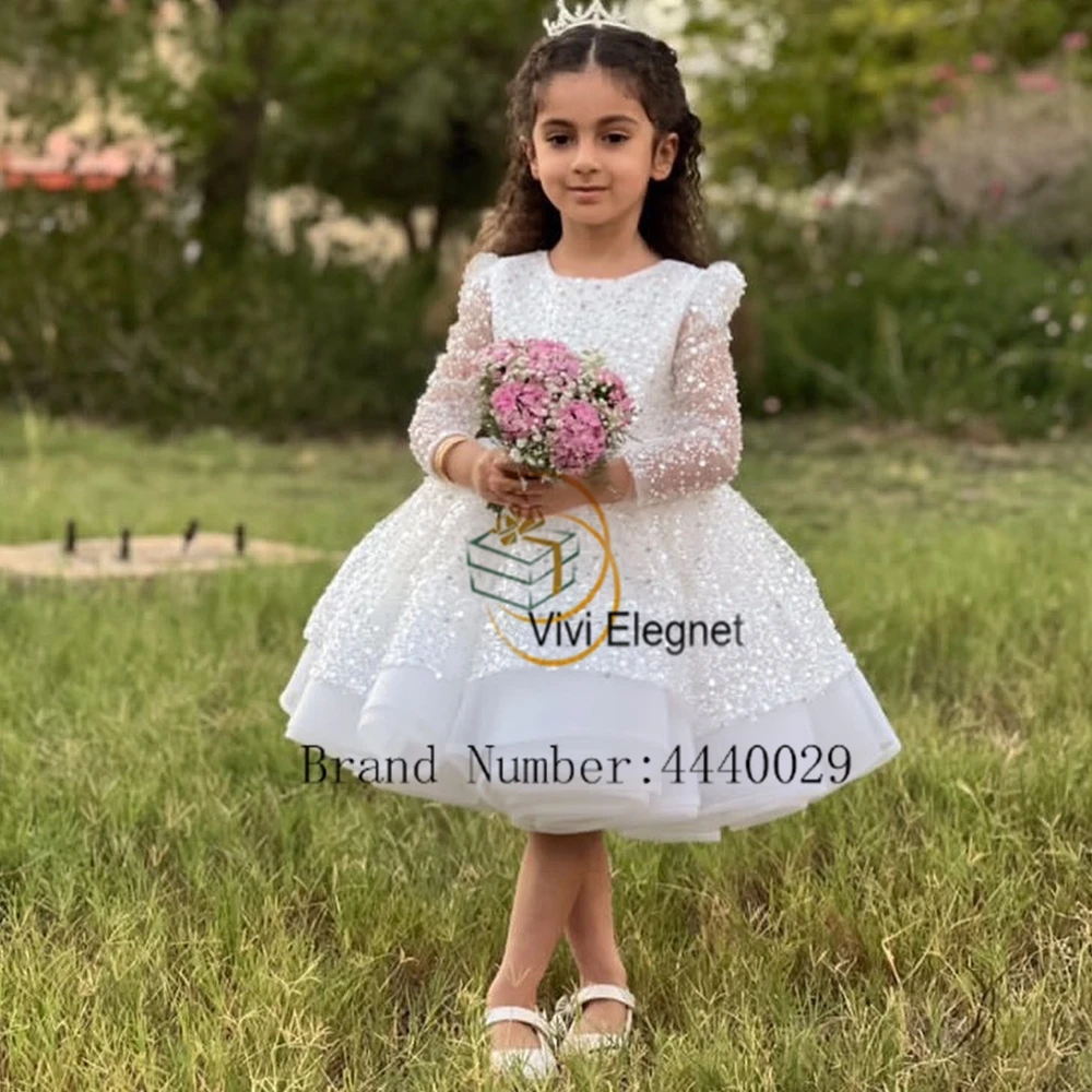 

Modern Scoop Flower Girls Dresses for Kids 2024 Knee Length Christmas Gowns with Sequined Summer New فلور فتاة اللباس Tulle