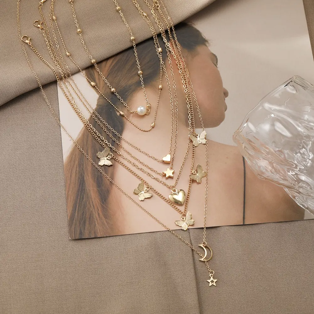 Fashion Necklace 6pcs Necklace European And American Simple Temperament Lovely Atmosphere Star Moon Popular Lady Necklace Set Women
