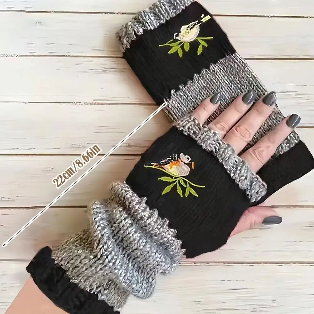 Fashion Embroidered Bird Knit Mittens Warm Soft Half Finger Gloves Fingerless Gloves for Men Women