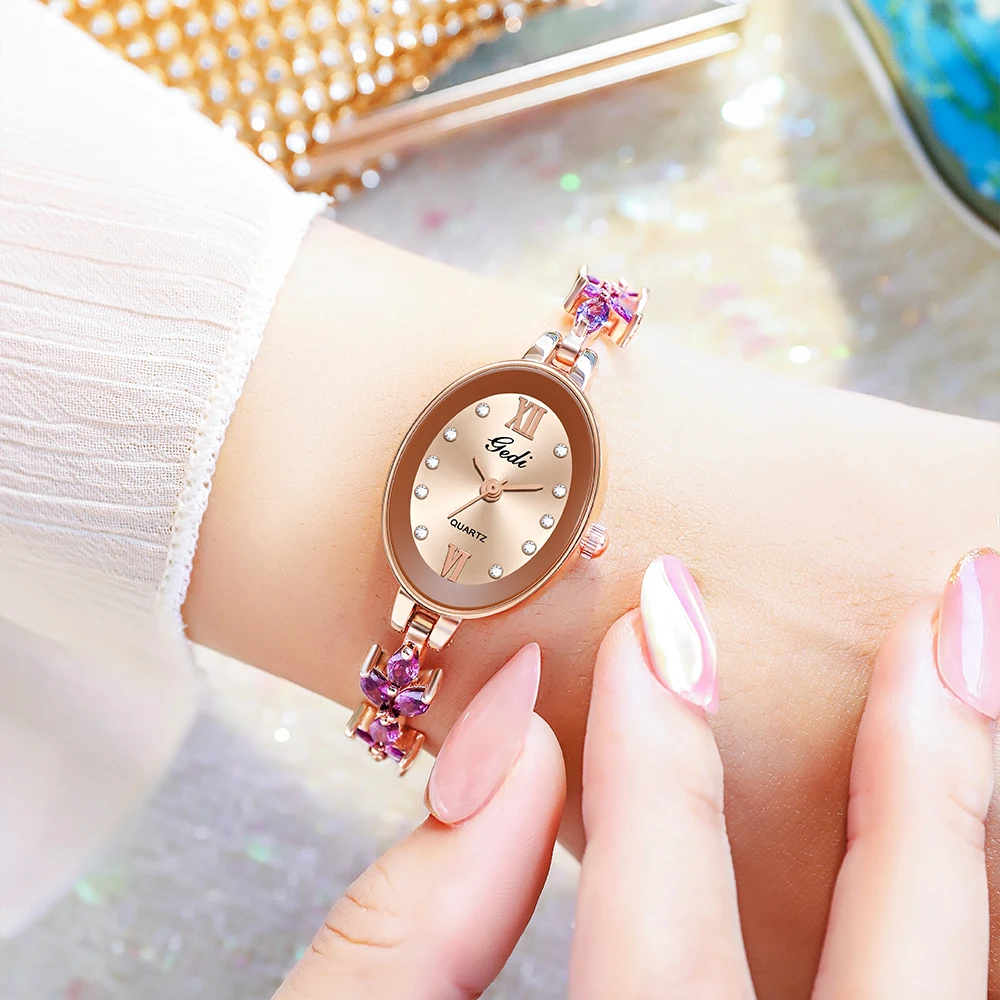Luxury Oval Shaped Ladies Watches Crystal Alloy Bracelet 30M Water Resistance Small Quartz Wrist Watch for Women Accessories
