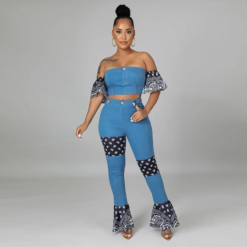 

2024 Women Spring and Summer Fashion Sexy One Shoulder Tight Horn Trouser Leg Wrap Hip Slim Fit Two Piece Set