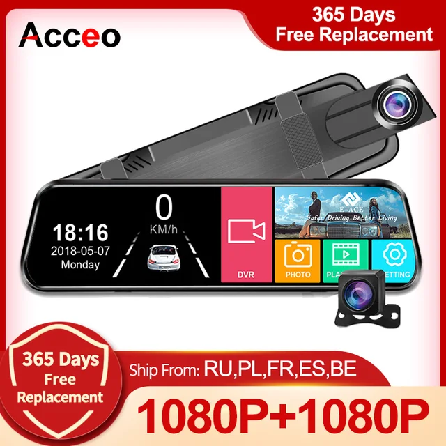 Acceo 1080P جهاز تسجيل فيديو رقمي للسيارات 10 شاشة تعمل باللمس داش كام عدسة مزدوجة السيارات المسجل تيار مرآة دعم 1080P كاميرا الرؤية الخلفية للرؤية الليلية|DVR/Dsh Cmer|  