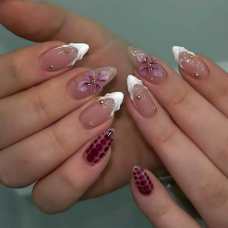24PCS Pink Almond Press-On Nails with 3D Floral Design and Golden Pearl Accent